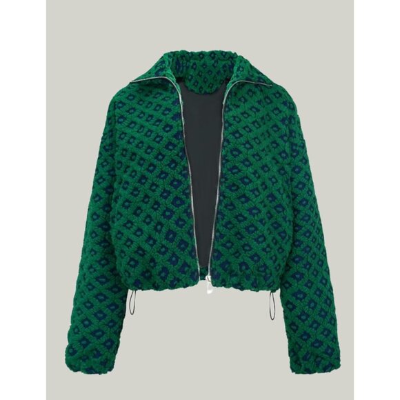 Women Dark green Cropped Sherpa Fleece Plaid Jacket Chunky Outerwear - Picture 4 of 7